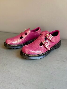 Doc Dr. Martens Pink Glitter Double-Buckle Mary Jane Shoes Boots Women 6 NEW